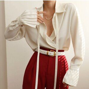 Commense Pleated Cuff Collar Tied Button Shirt